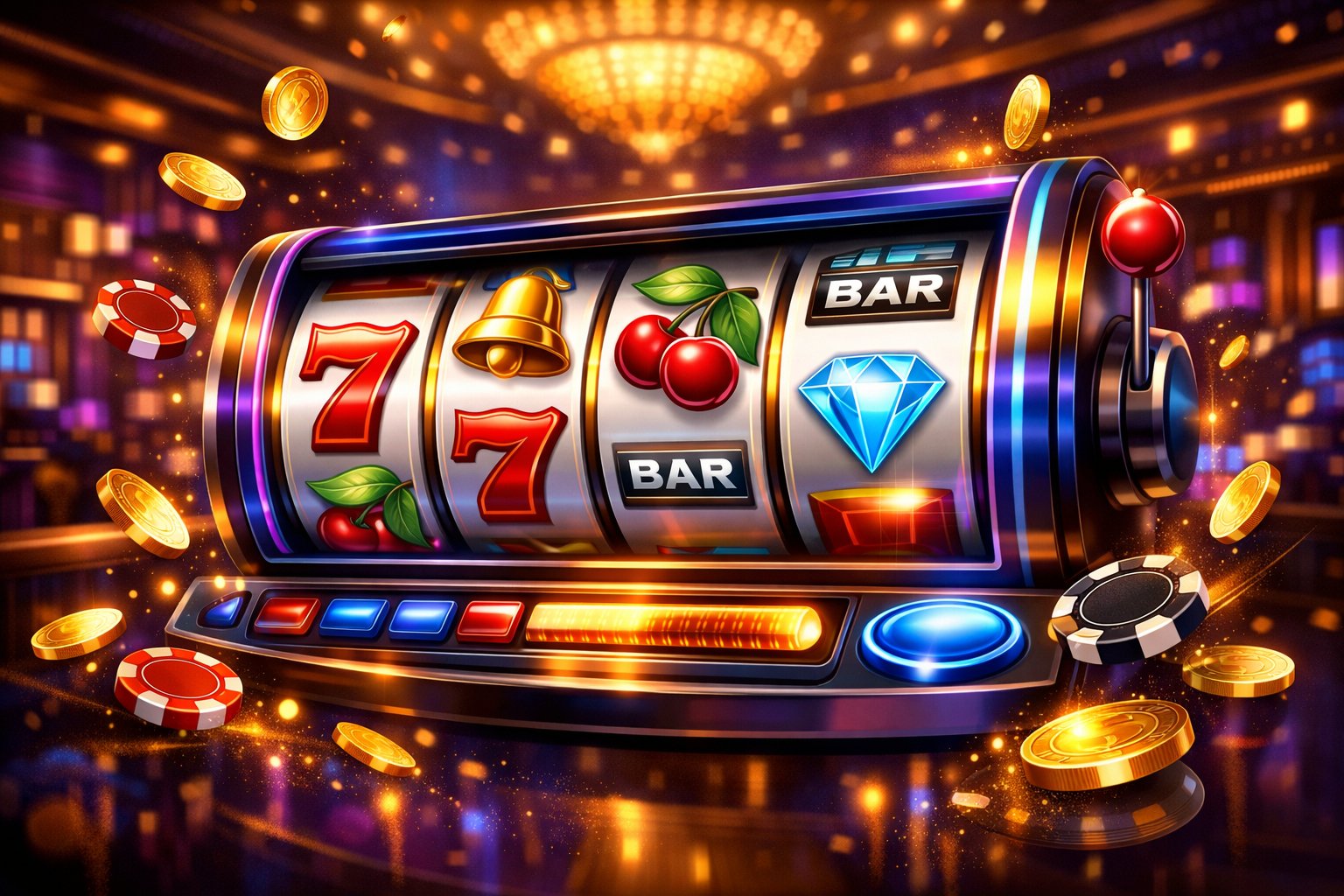 A digital slot machine with spinning reels showing classic casino symbols, surrounded by glowing lights, coins, and chips in a luxurious casino setting.