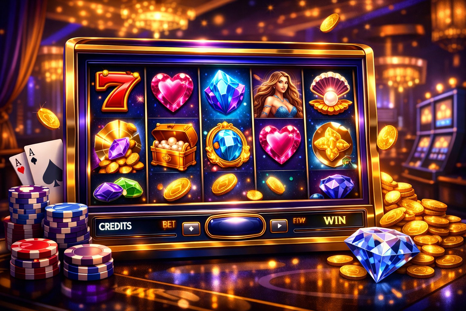 A colorful digital slot machine with spinning reels showing gems, coins, and lucky symbols in a luxurious casino setting.