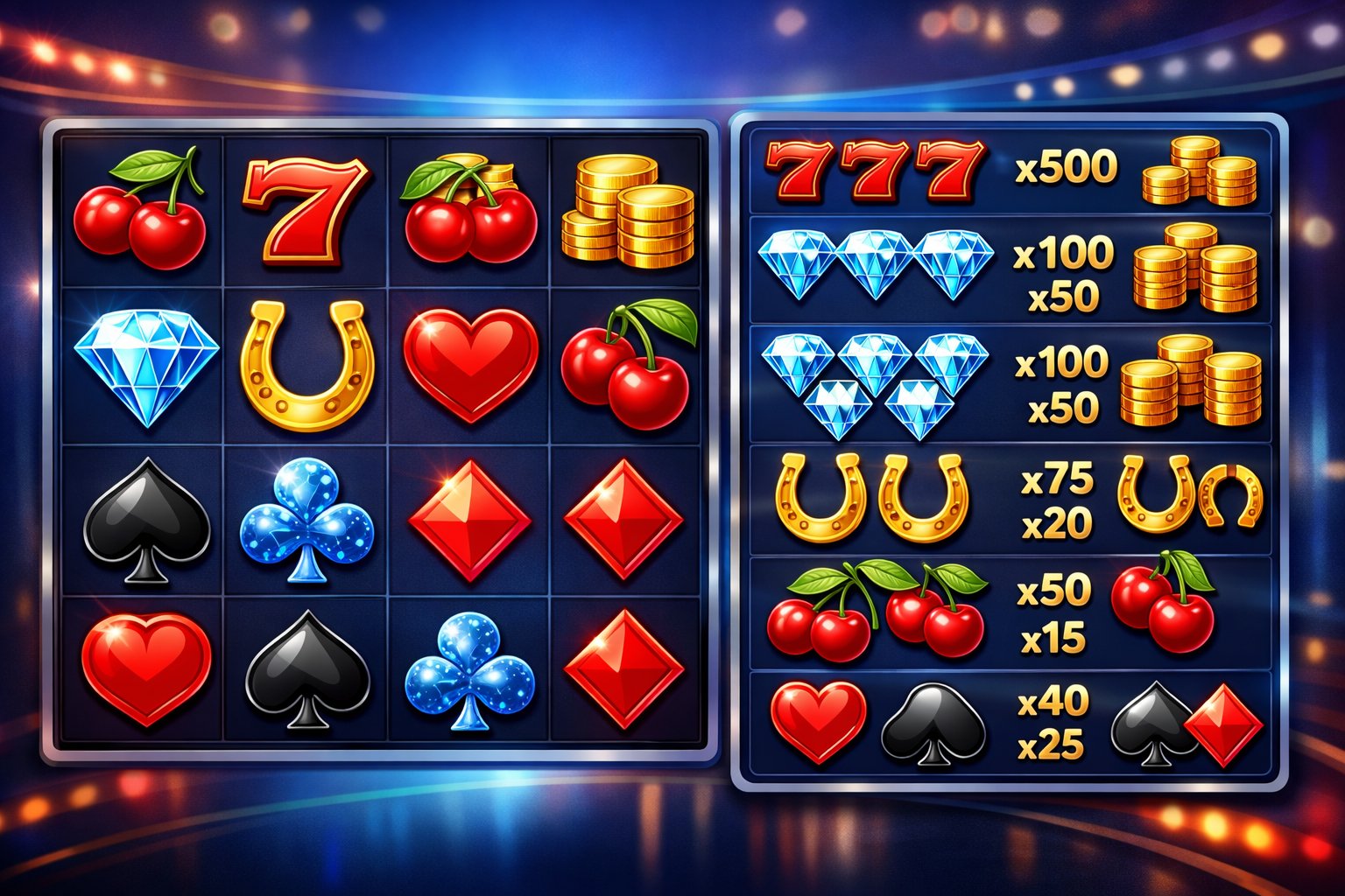 A colorful slot machine display showing various casino symbols and a paytable illustrating winning combinations and payouts.