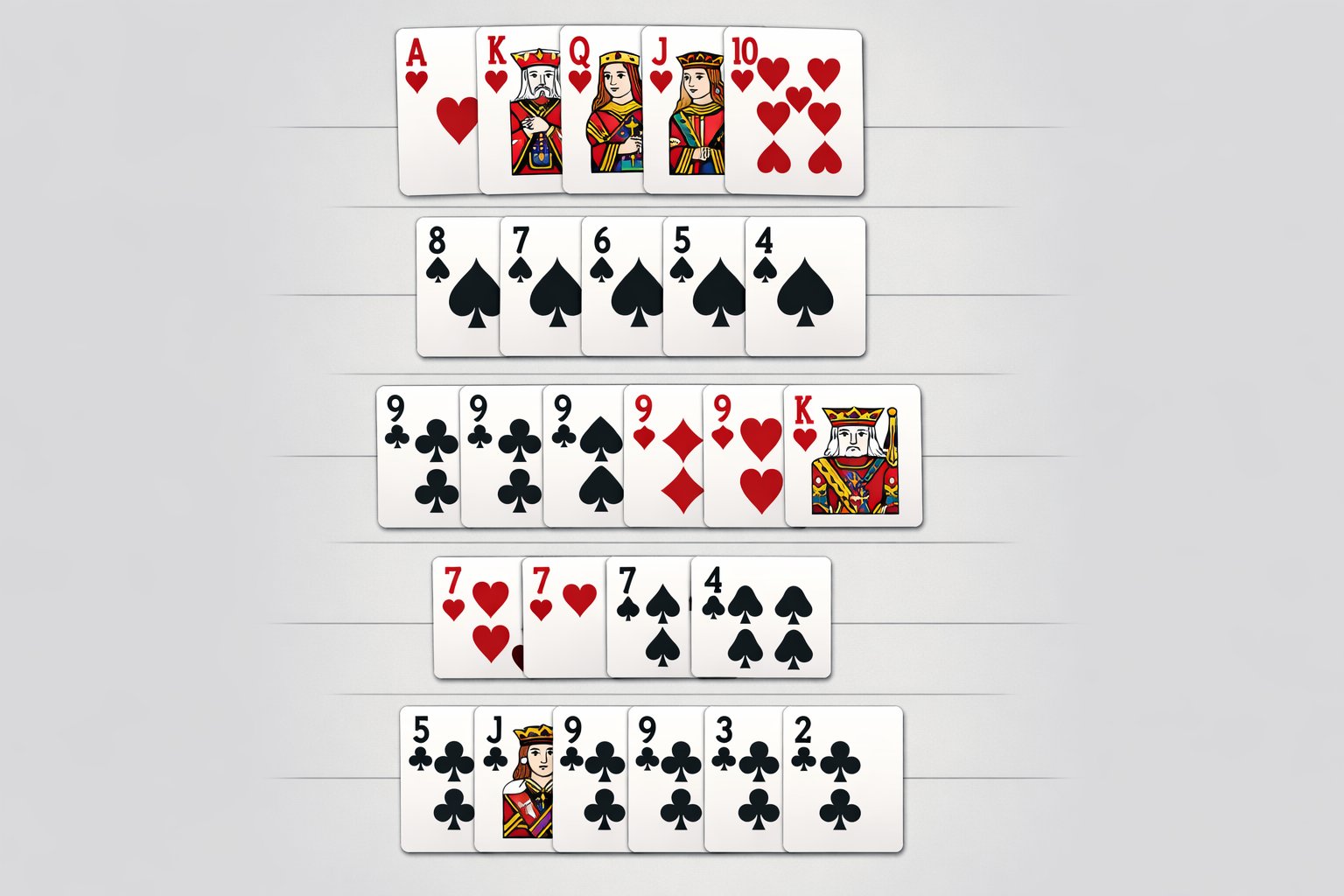 A vertical display of five poker hands arranged from highest to lowest ranking, showing different combinations of playing cards without any text.