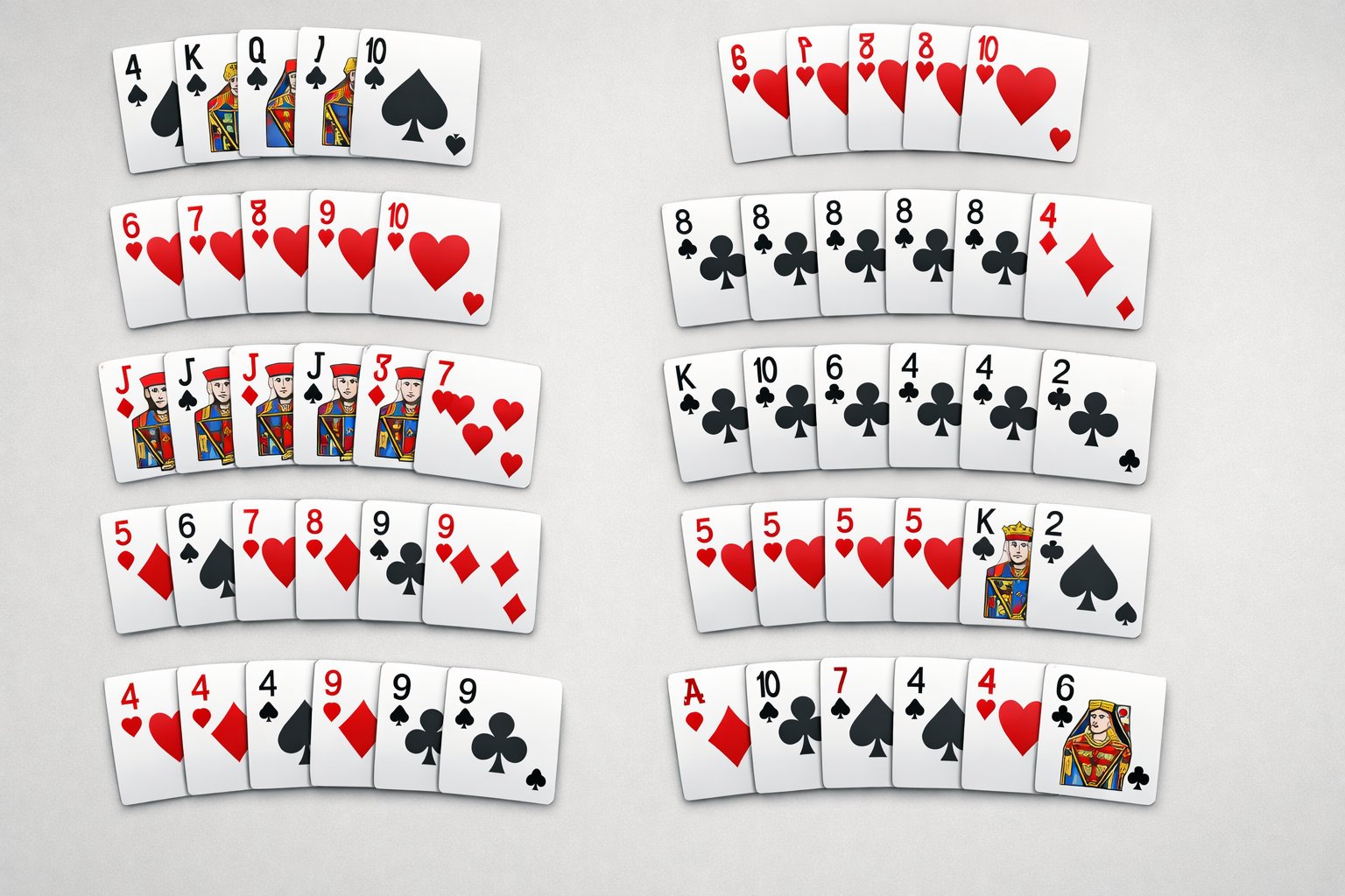 An illustration showing different poker hands arranged in order from strongest to weakest, with groups of playing cards displayed face-up.