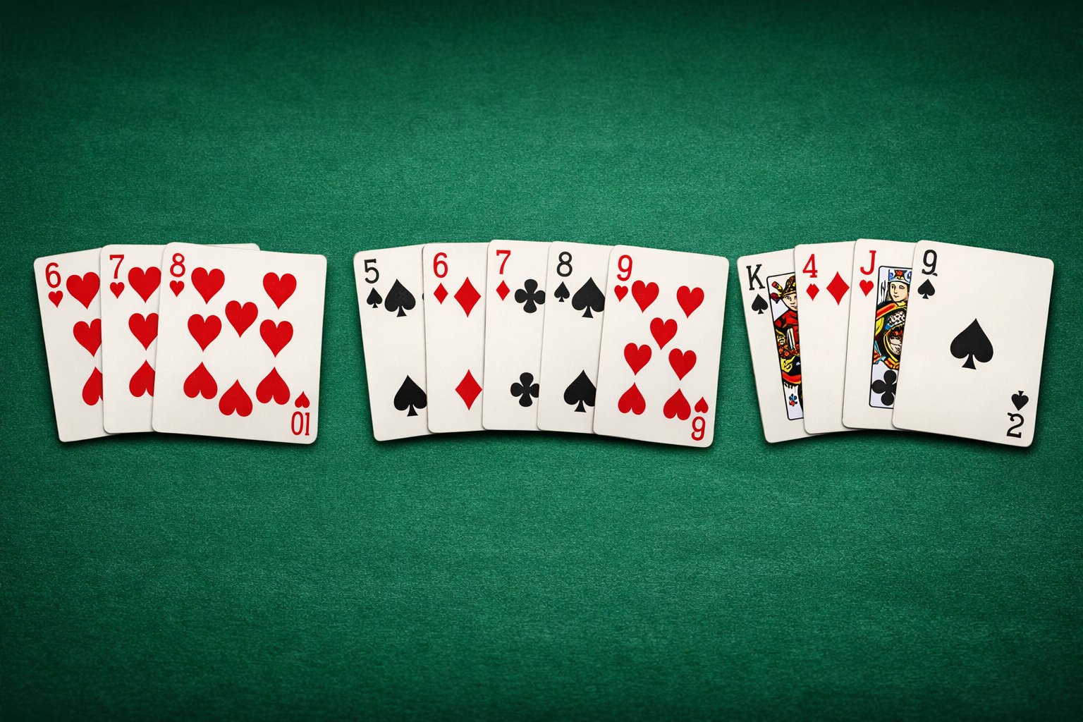 Three distinct poker hands displayed side by side on a green poker table: a flush with cards of the same suit, a straight with cards in sequence of mixed suits, and a high card with unrelated cards.