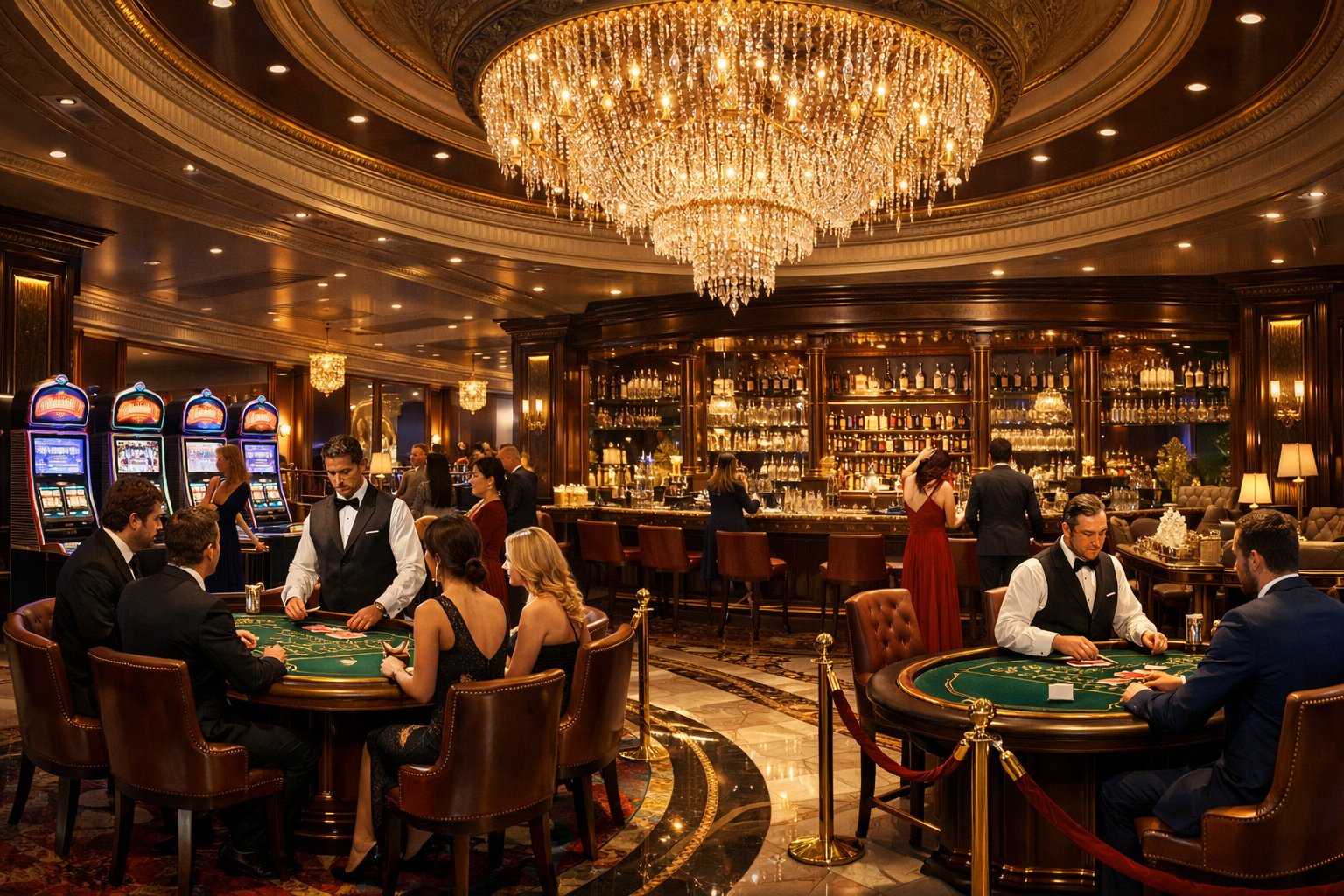 An elegant casino interior with gaming tables, slot machines, a grand chandelier, and people dressed in formal attire enjoying the space.
