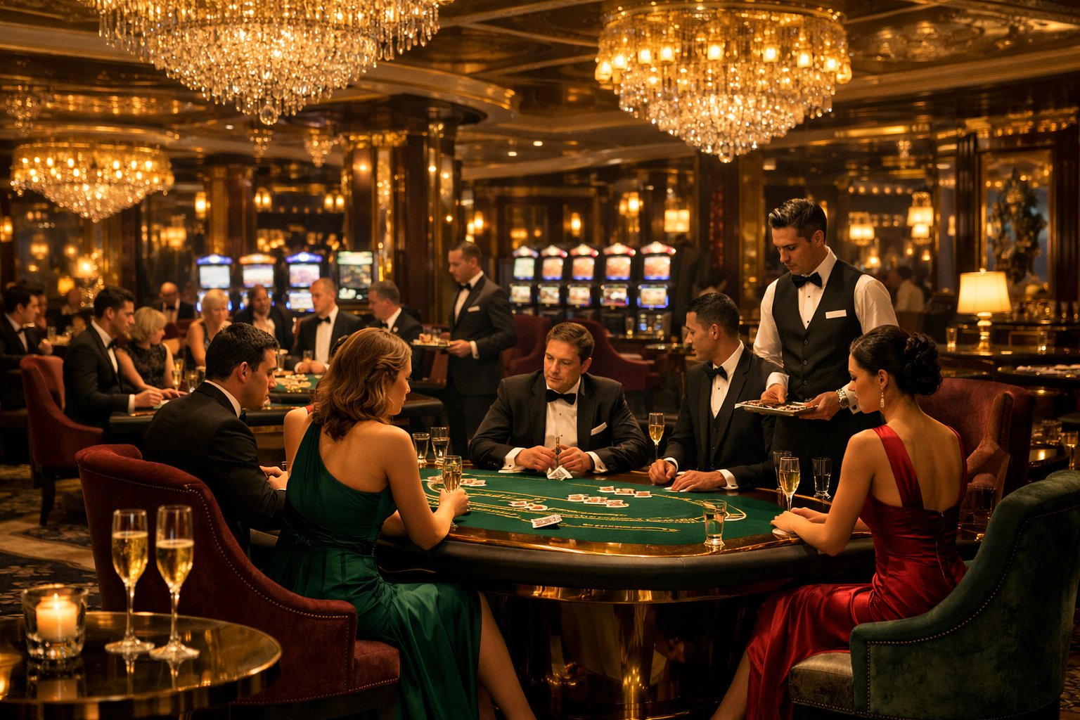 A luxurious casino interior with elegant gaming tables, well-dressed players, chandeliers, and attentive staff.