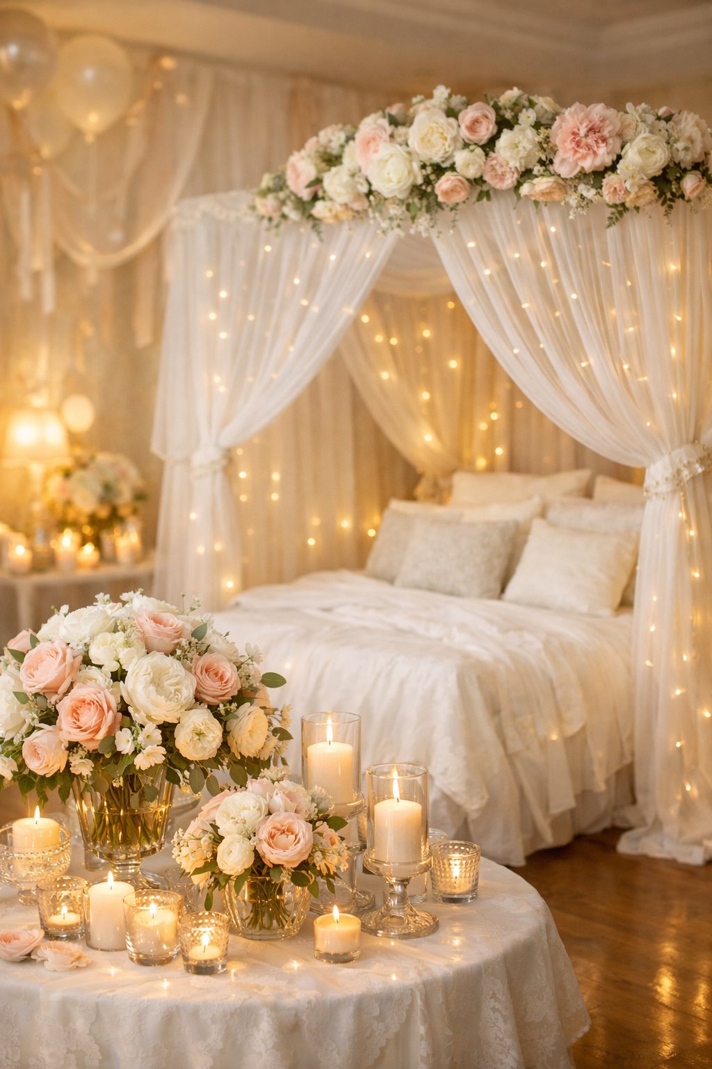Wedding Room Decoration For Couple: 7 Elegant Ideas 1 A wedding room decorated with flowers, fairy lights, and candles, featuring a canopy bed with sheer curtains.