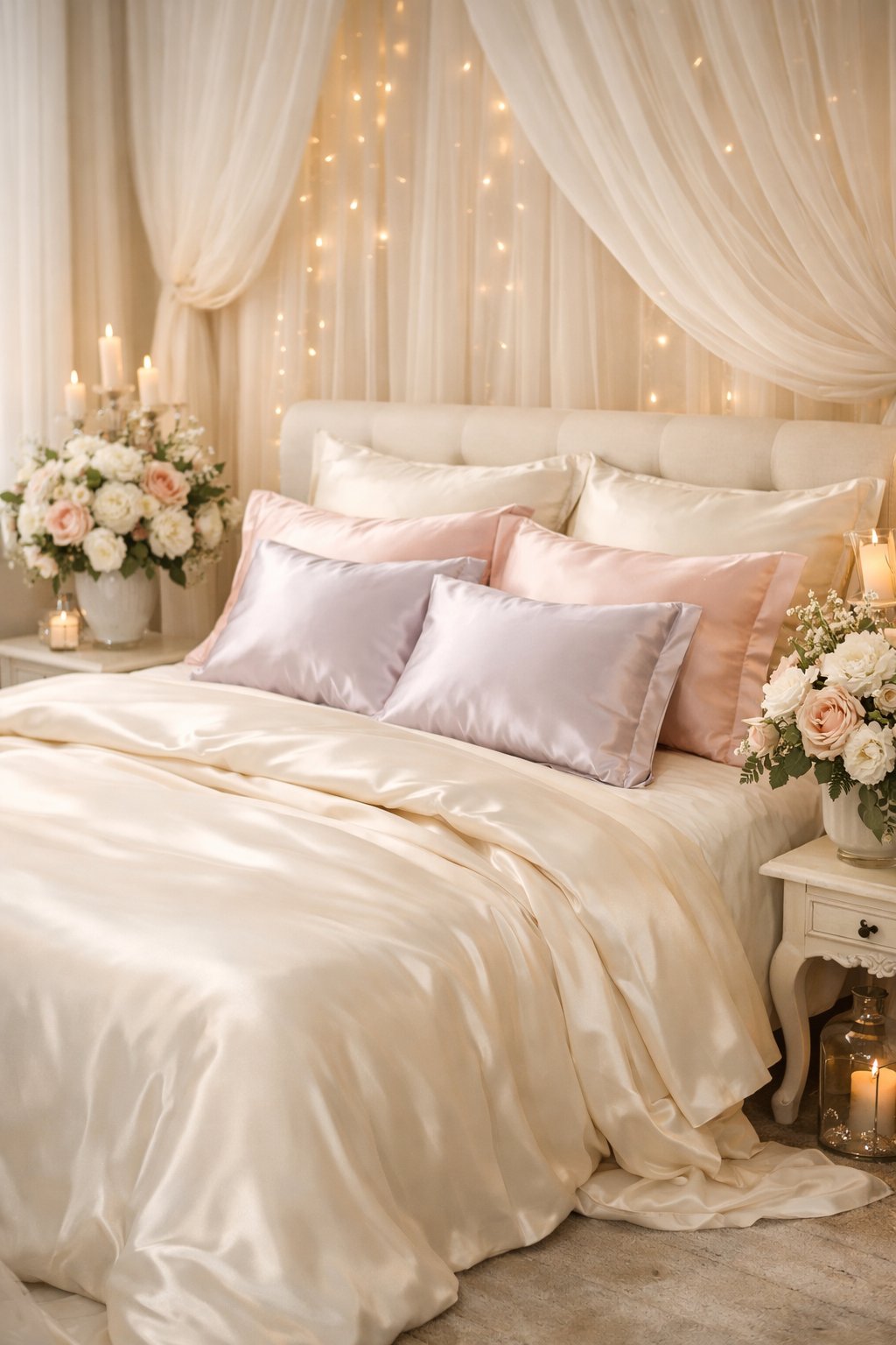Wedding Room Decoration For Couple: 7 Elegant Ideas 8 A wedding room with a bed covered in ivory and pastel silk linens, surrounded by soft lighting and floral decorations.
