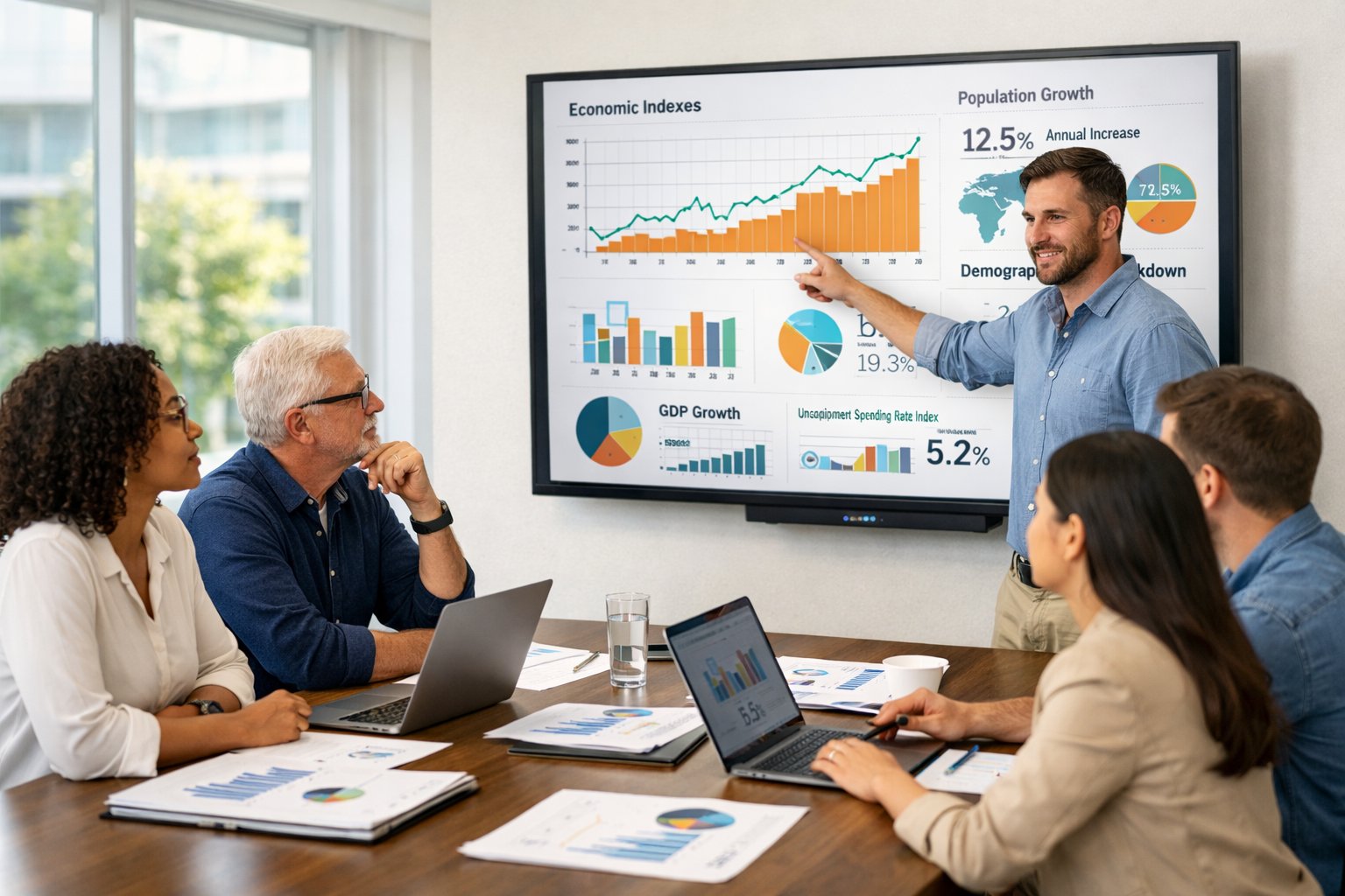 Un groupe de professionnels discutant autour d'une table avec des ordinateurs et des graphiques, analysant des données sur un écran dans un bureau lumineux.