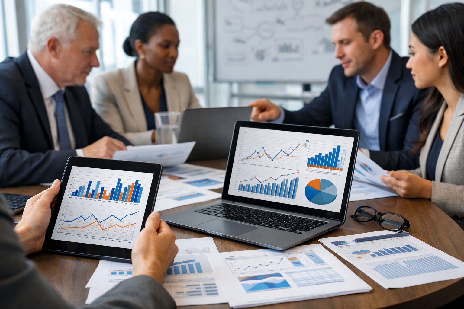 Un groupe de professionnels en réunion autour d'une table de conférence, examinant des graphiques et des documents financiers dans un bureau lumineux.