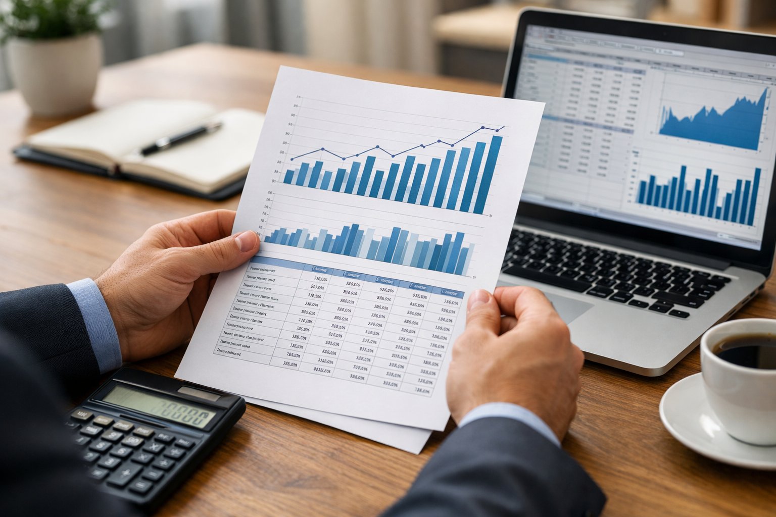 Une personne d'affaires examinant des documents financiers avec une calculatrice et un ordinateur portable sur un bureau de bureau moderne.