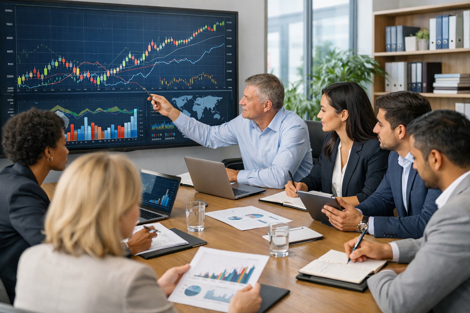 Des professionnels en réunion dans un bureau moderne, analysant des graphiques financiers sur un écran numérique.