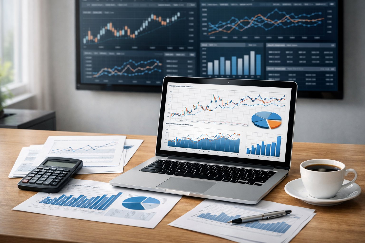 Un espace de travail moderne avec un ordinateur portable affichant des graphiques économiques, des rapports imprimés et un écran en arrière-plan montrant des données financières.