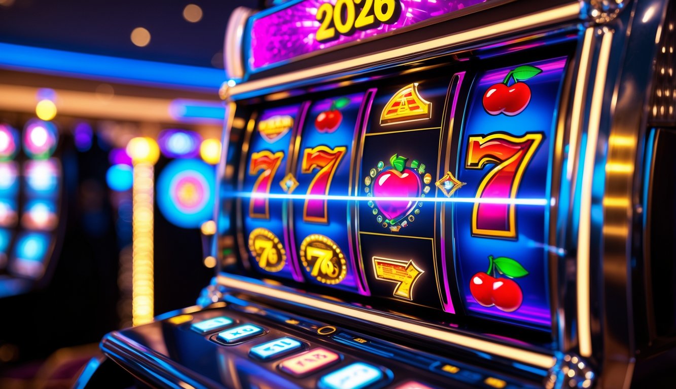 Mesin slot 3D berwarna cerah dengan gulungan berputar di latar belakang kasino gelap.