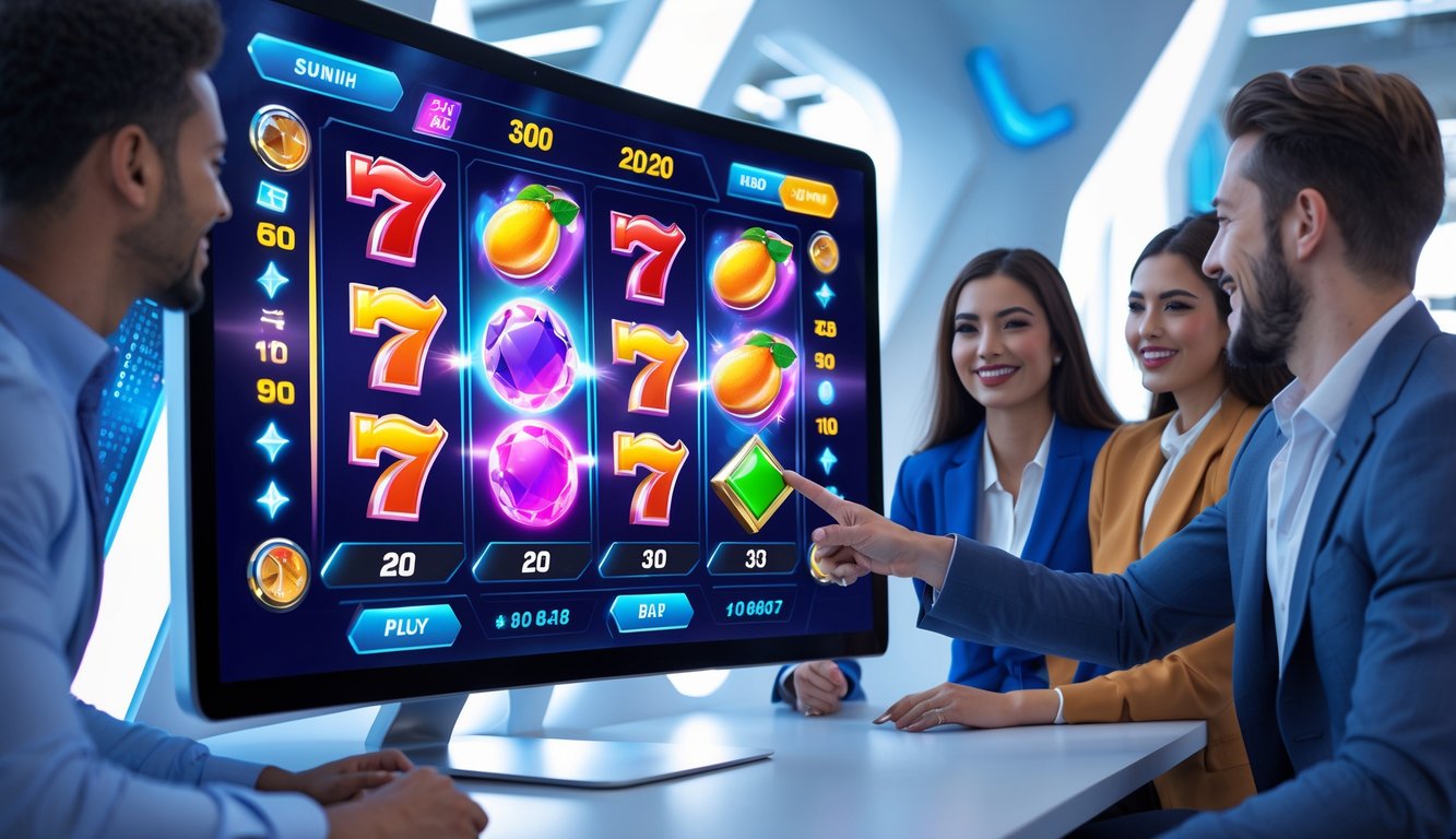Orang-orang berkumpul di sekitar monitor komputer yang menampilkan permainan slot 3D berwarna-warni di ruang kerja modern.