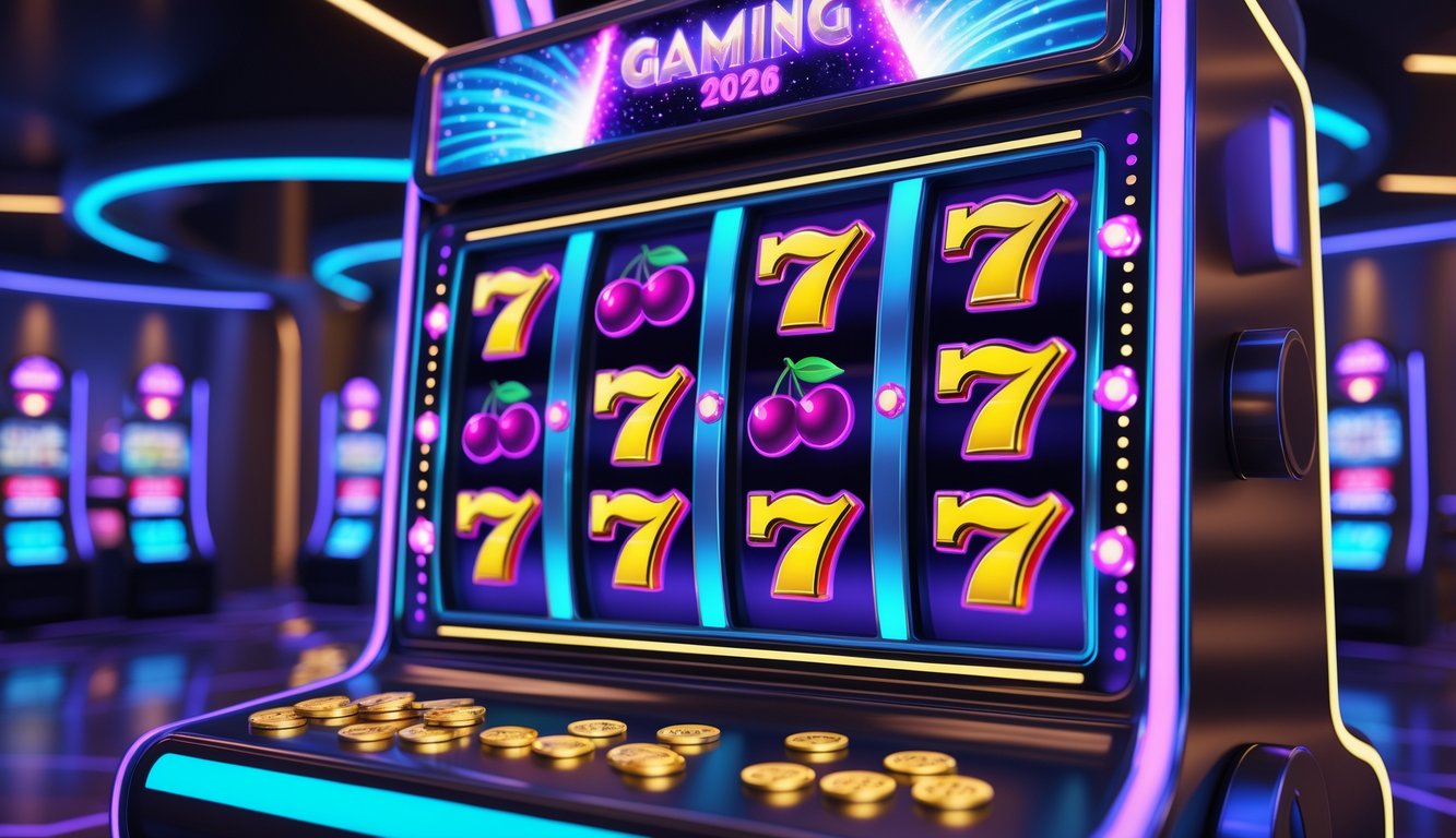 Mesin slot 3D berwarna cerah dengan lampu neon menyala di dalam kasino futuristik.