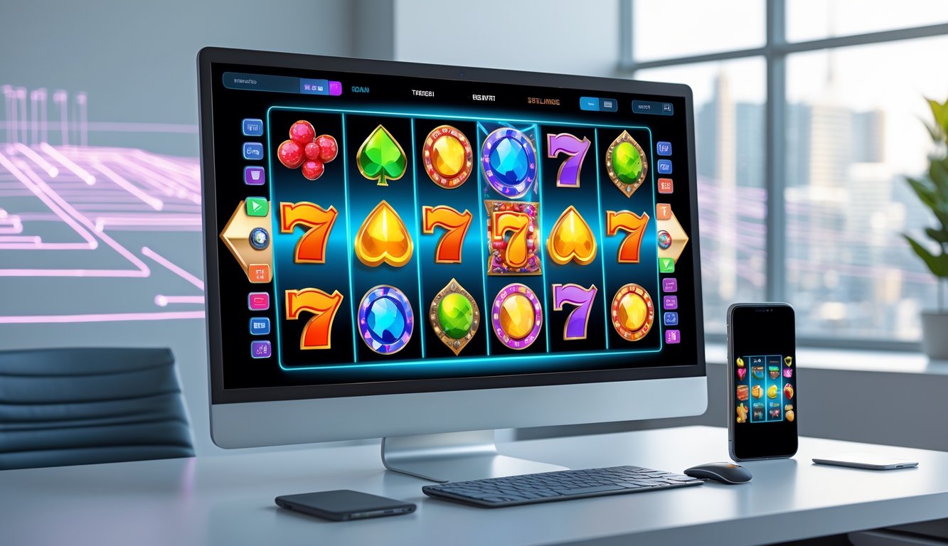 Tampilan komputer dan ponsel dengan mesin slot 3D berwarna-warni di meja kantor yang rapi.