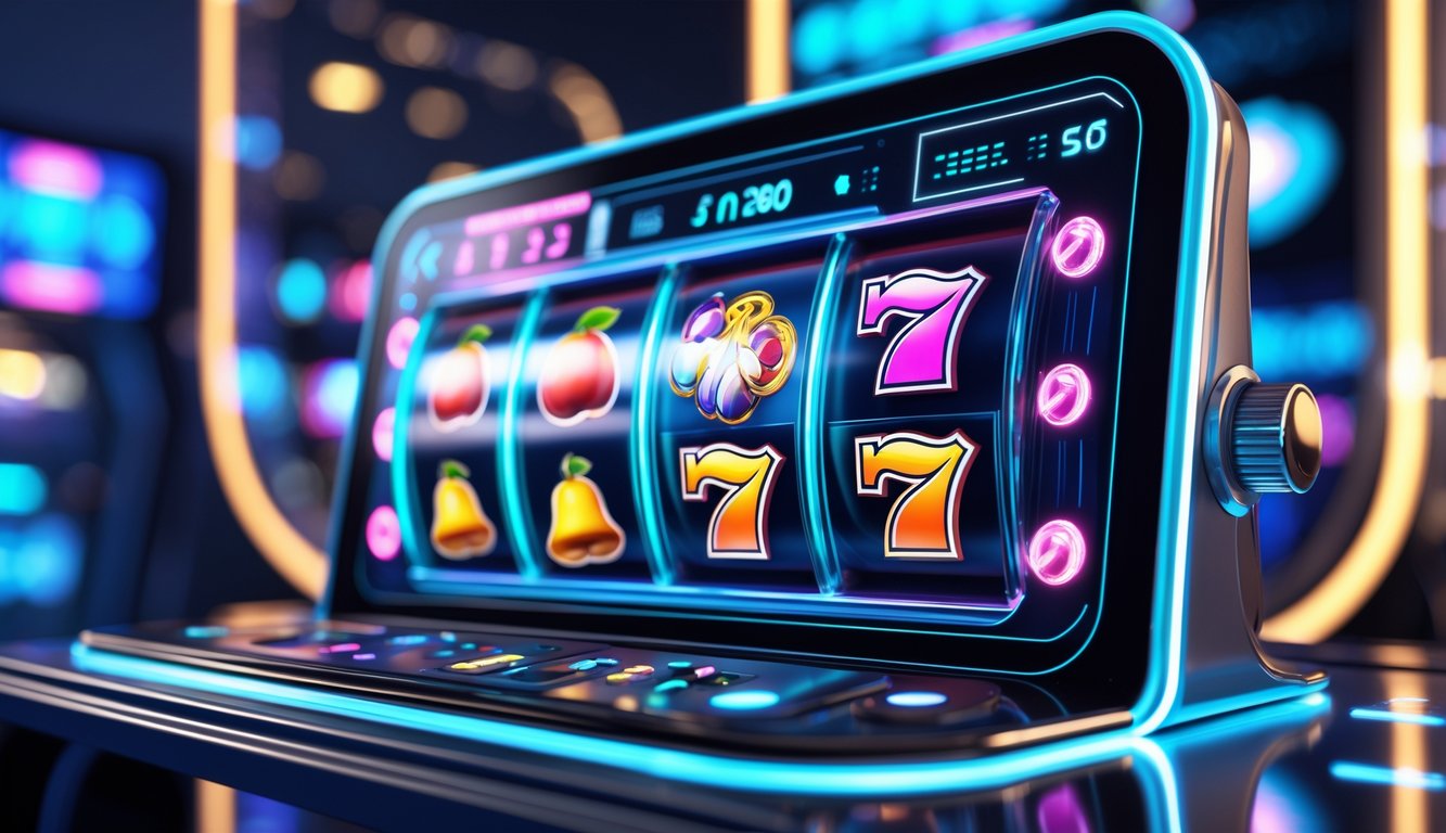 Mesin slot online 3D dengan tampilan modern dan warna cerah di lingkungan kasino digital futuristik.