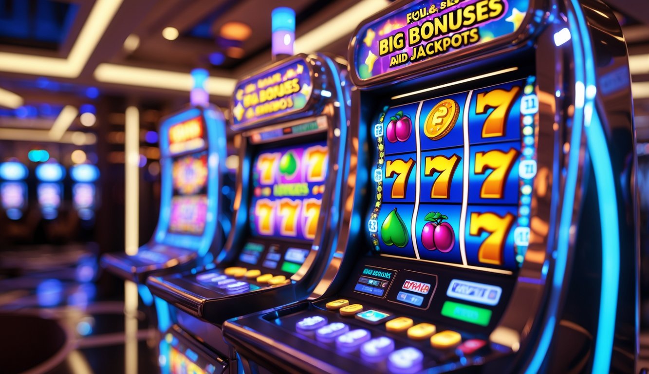 Mesin slot 3D modern dengan simbol warna-warni dan efek cahaya di dalam kasino mewah.