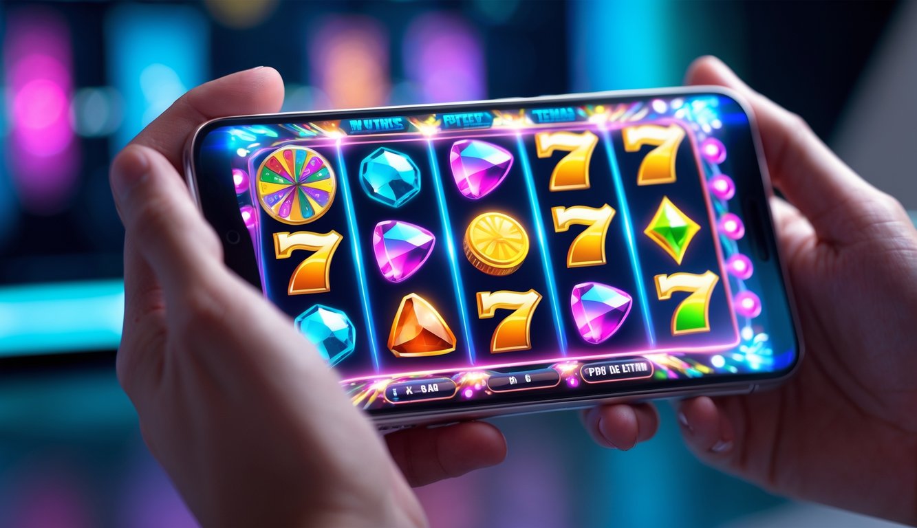 Seseorang memegang ponsel dengan tampilan mesin slot 3D berwarna-warni yang sedang berputar.