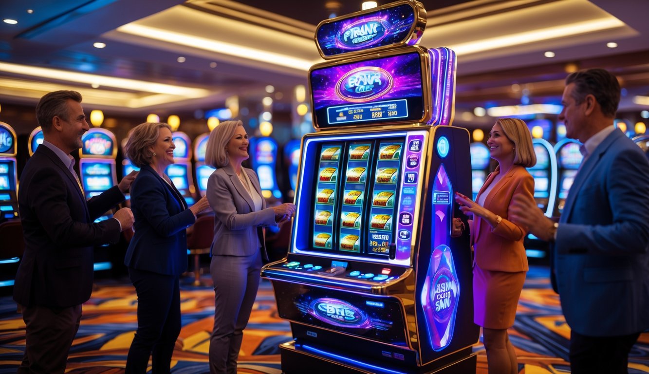 Orang-orang sedang bermain mesin slot 3D di kasino modern dengan lampu berwarna-warni dan suasana yang hidup.