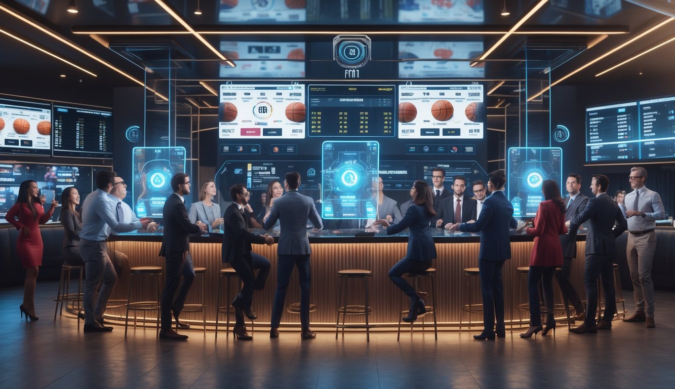 Orang-orang di sebuah ruang modern sedang memasang taruhan pada pertandingan basket menggunakan layar digital futuristik.