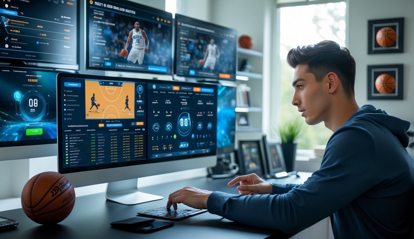 Seorang pria muda di ruang kerja modern menggunakan perangkat digital untuk melihat statistik dan peluang taruhan basket secara online.