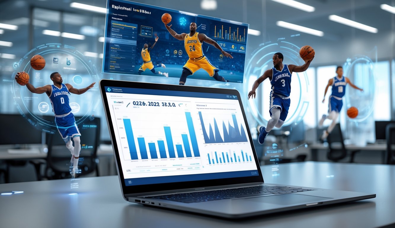 Sebuah ruang kerja modern dengan laptop yang menampilkan statistik dan grafik bola basket, dilengkapi proyeksi holografik pemain bola basket dan data analitik di udara.