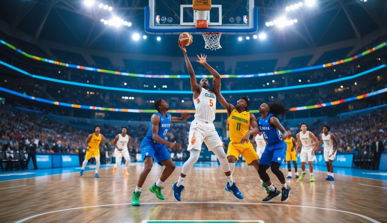 Pertandingan bola basket internasional dengan pemain yang sedang melakukan tembakan lompat di lapangan dalam ruangan yang terang dan penonton ramai di latar belakang.