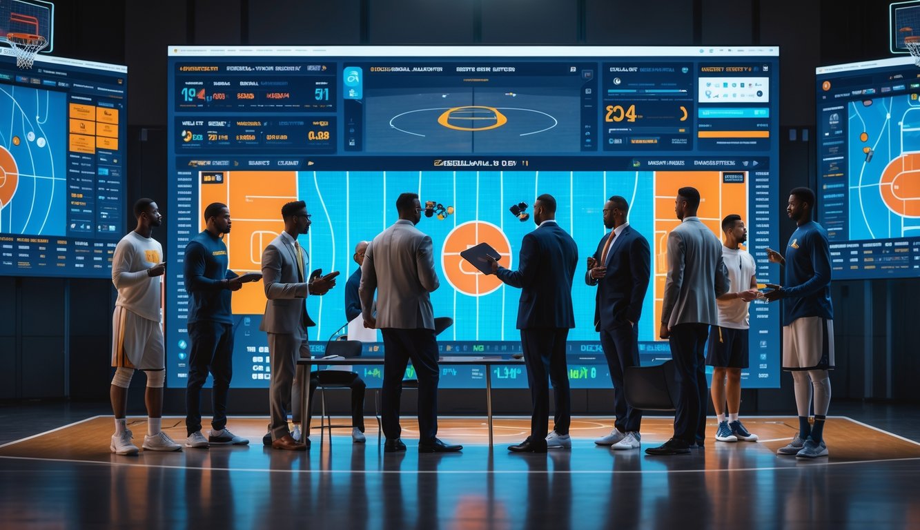 Sekelompok pelatih dan pemain basket sedang berdiskusi di ruang analisis olahraga modern dengan layar digital yang menampilkan diagram lapangan basket dan data strategi.