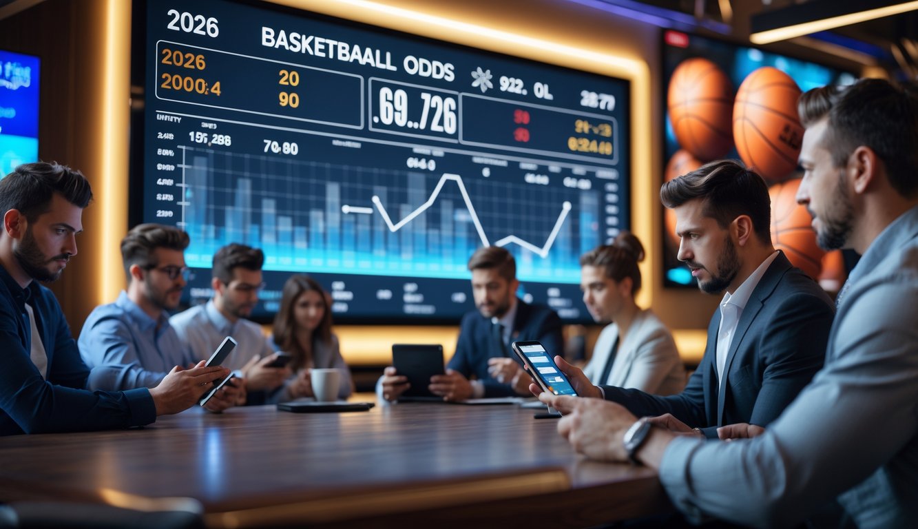 Orang-orang sedang melihat data taruhan bola basket di layar digital dalam suasana ruang taruhan modern.