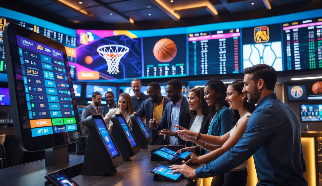 Orang-orang sedang memasang taruhan pada pertandingan NBA di sebuah tempat taruhan olahraga modern.