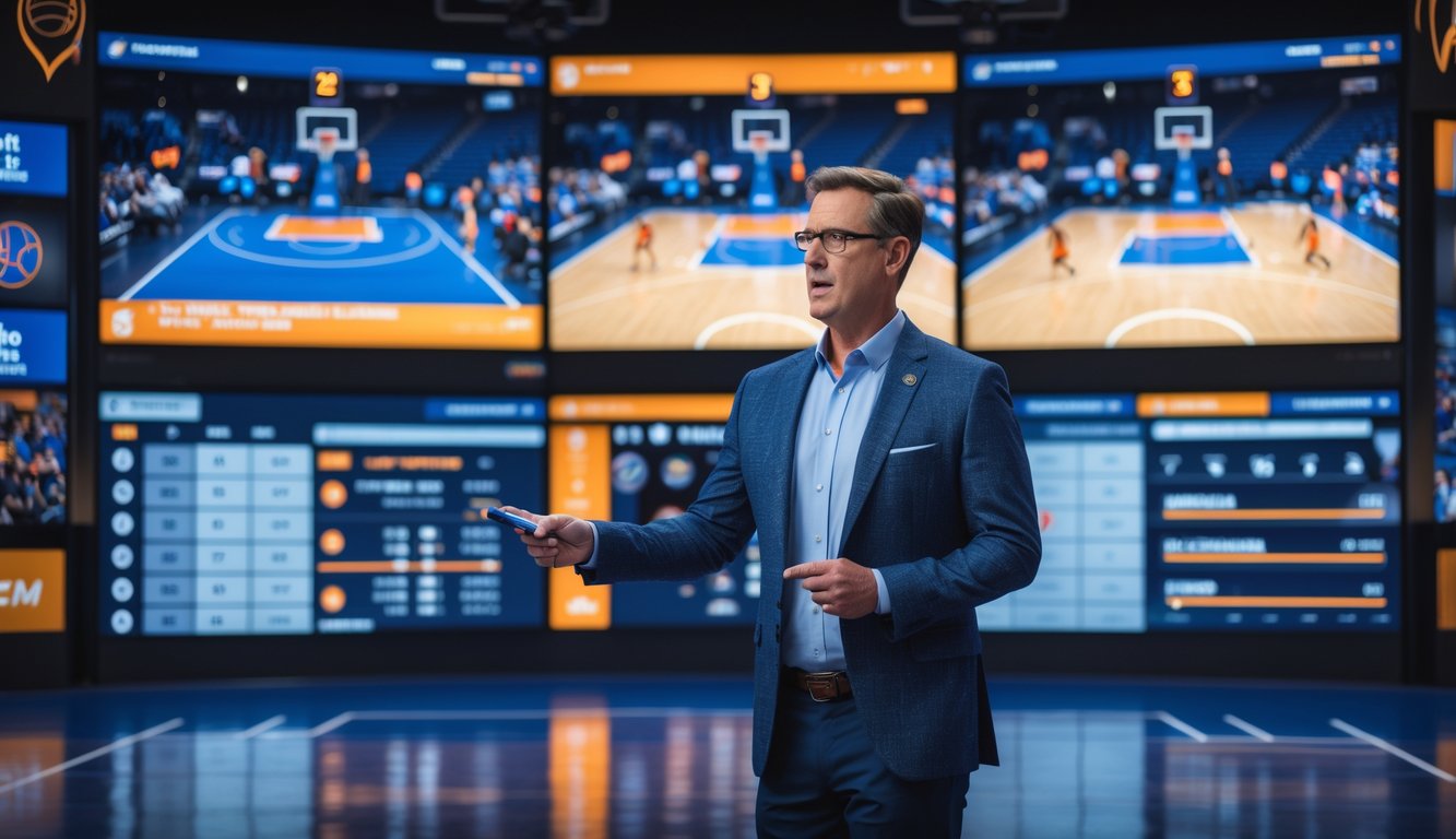 Seorang analis olahraga sedang menjelaskan statistik pertandingan basket dengan layar digital di studio.