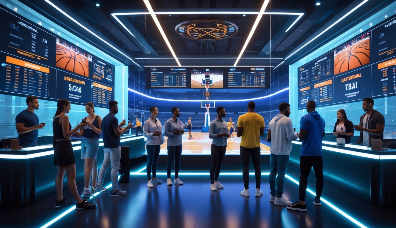 Beberapa orang muda sedang bertaruh olahraga bola basket di ruang taruhan modern dengan layar digital besar dan lapangan bola basket di latar belakang.