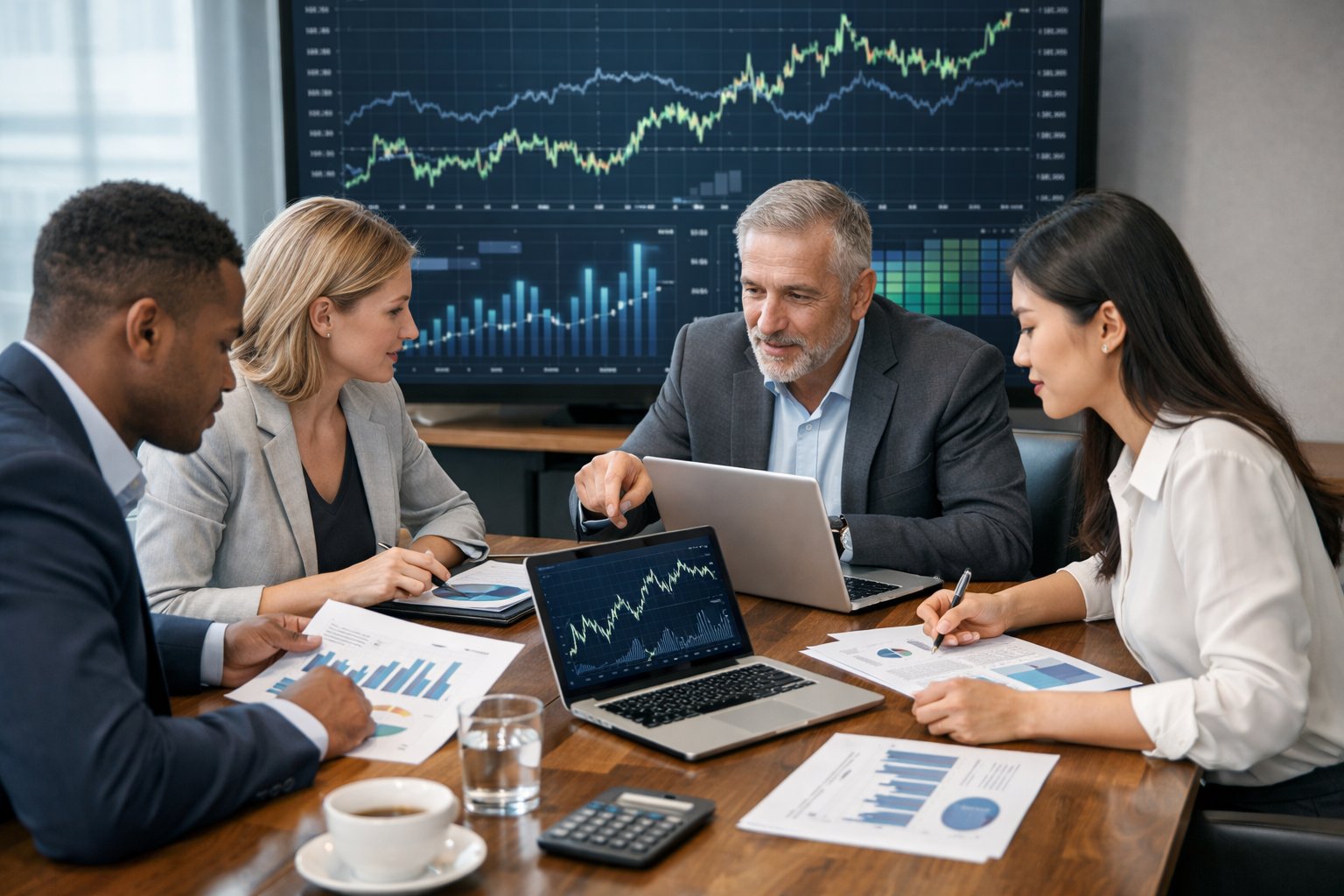 Un groupe de professionnels en réunion autour d'une table avec des ordinateurs et des graphiques financiers affichés sur un écran en arrière-plan.