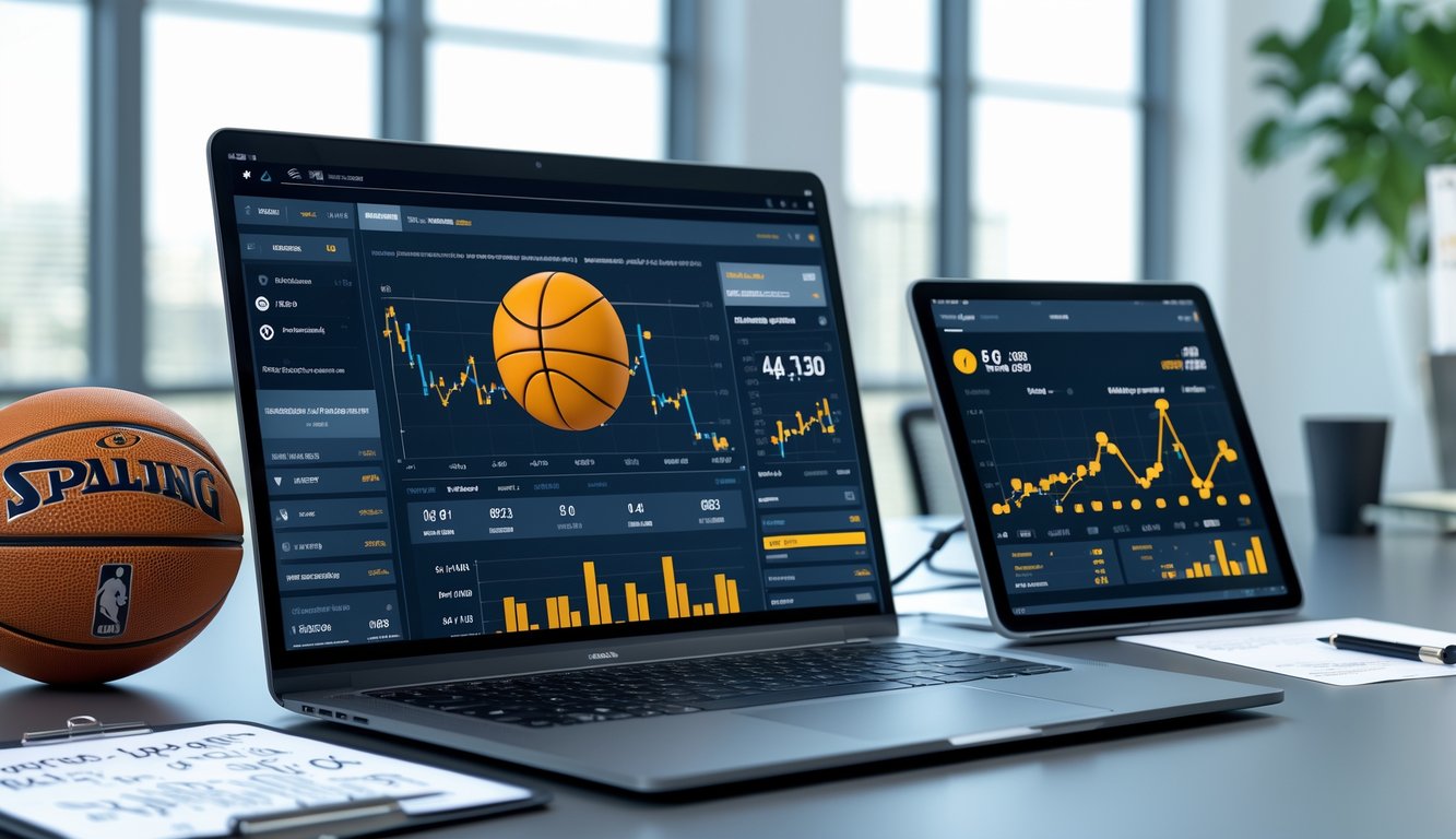 Sebuah ruang kerja modern dengan laptop dan tablet yang menampilkan data statistik basket dan analisis taruhan, dikelilingi oleh bola basket dan sepatu olahraga.