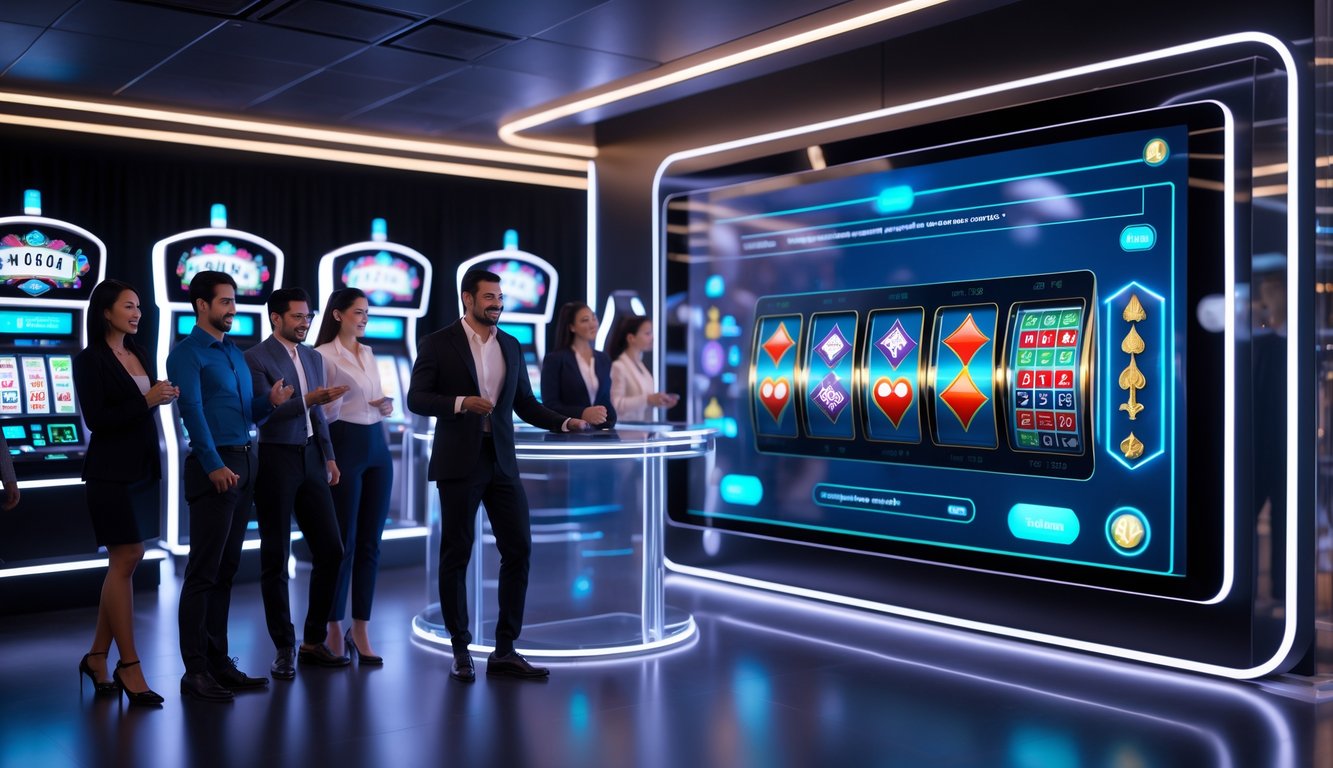 Orang-orang menggunakan antarmuka kasino online futuristik dengan chip poker dan kartu bermain di layar sentuh besar.