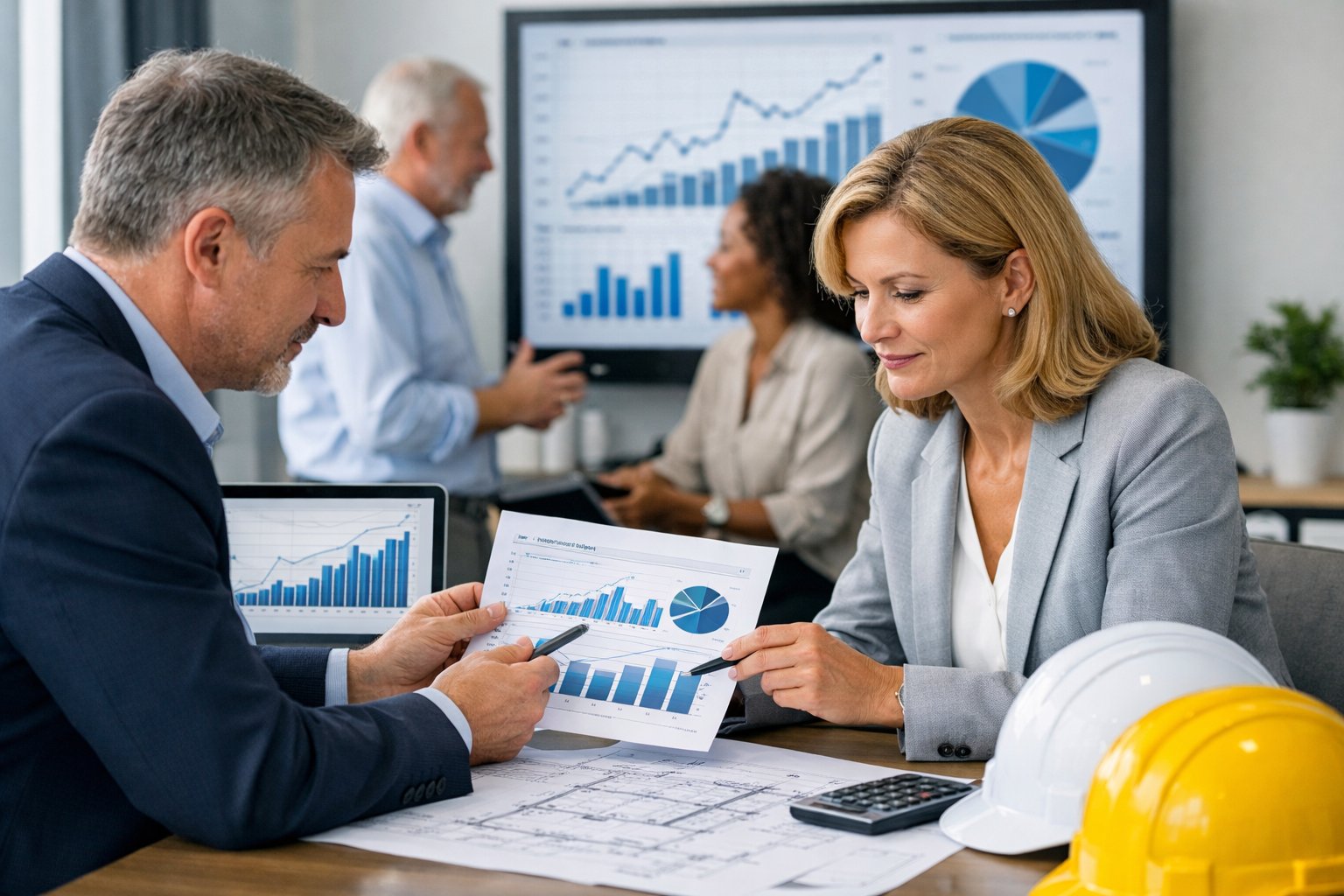 Des professionnels en réunion dans un bureau, analysant des graphiques financiers liés au secteur de la construction.
