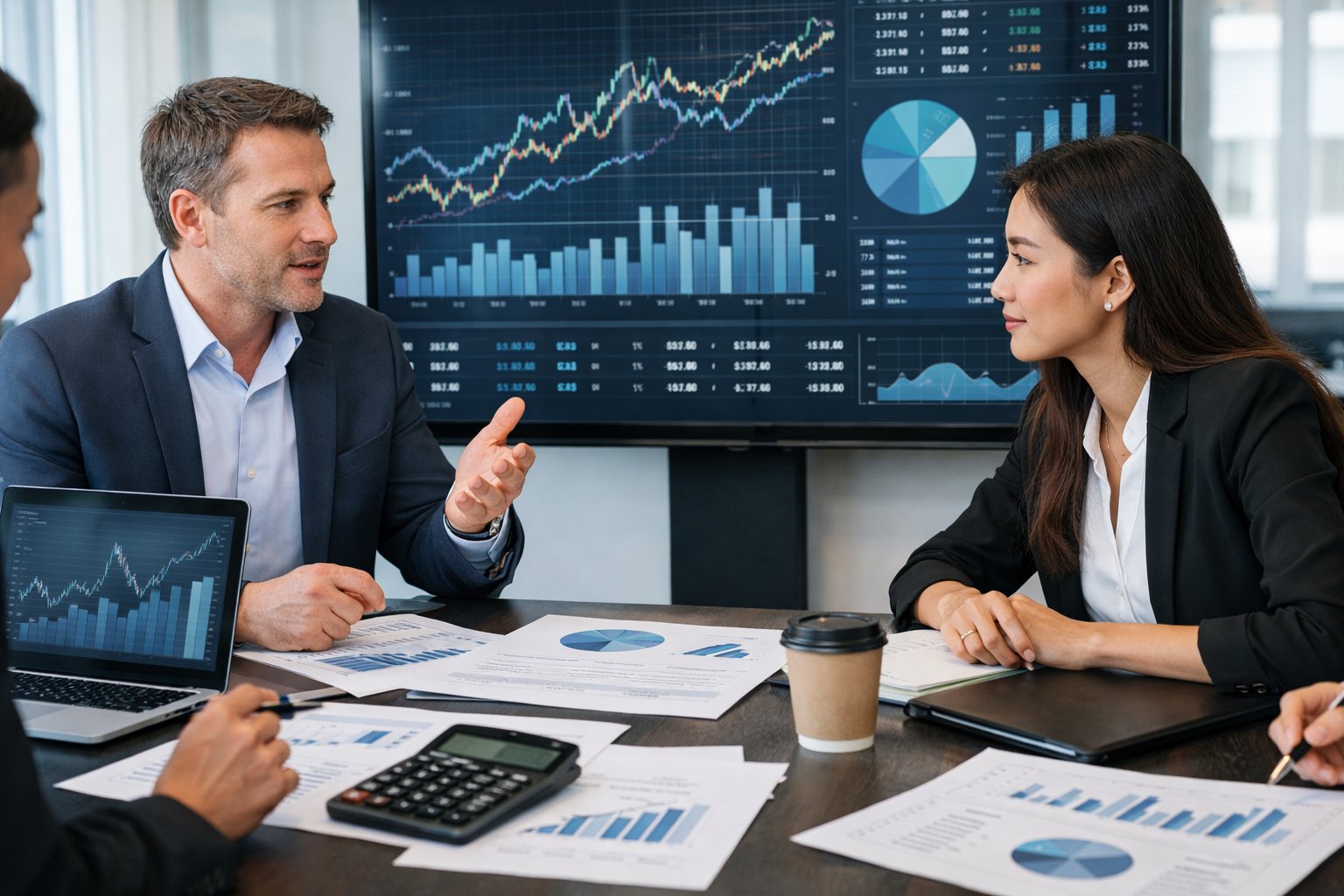 Des professionnels en réunion dans un bureau moderne, analysant des graphiques financiers sur un écran numérique.