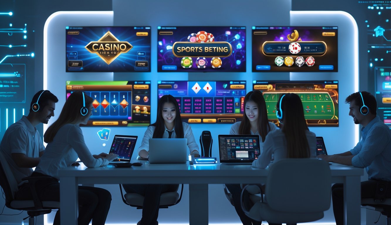 Beberapa orang muda menggunakan perangkat digital di ruang kerja modern dengan layar menampilkan permainan judi online dan taruhan olahraga.