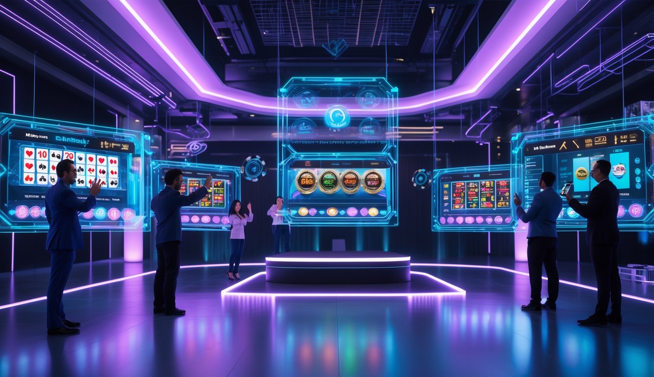 Orang-orang berinteraksi dengan layar holografik yang menampilkan elemen kasino online futuristik di ruangan modern.