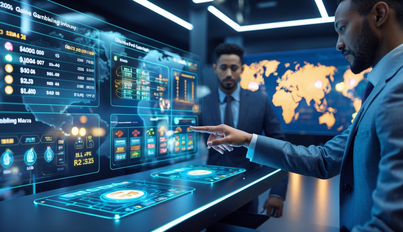 Orang-orang bekerja dengan layar holografik yang menampilkan data perjudian online di depan peta dunia yang menunjukkan pasar global.
