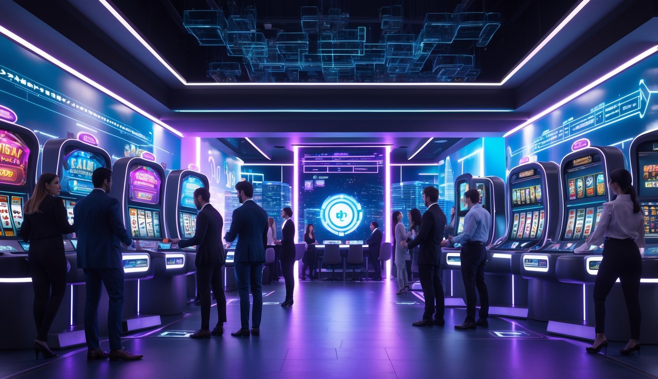 Orang-orang menggunakan teknologi modern di kasino digital futuristik dengan layar holografik dan permainan kasino.