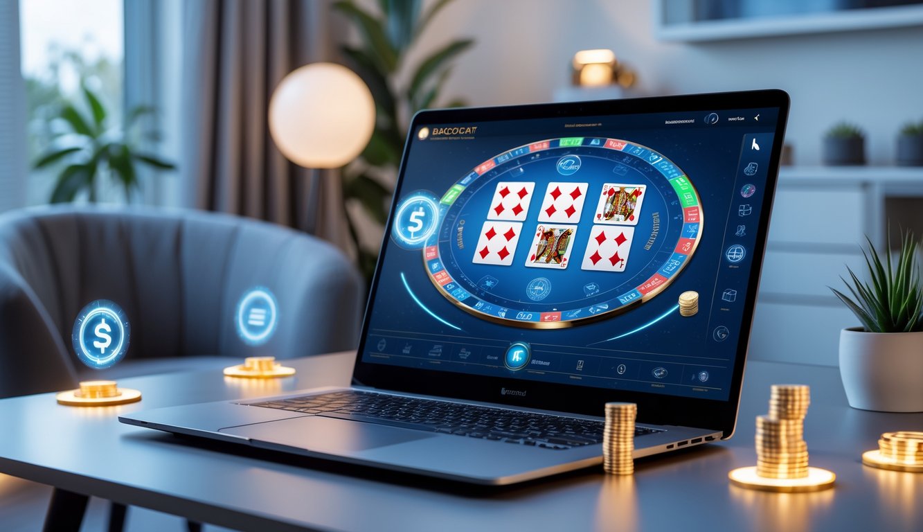Seorang pemain menggunakan laptop di ruang tamu modern untuk bermain baccarat online dengan tampilan kartu dan chip di layar.