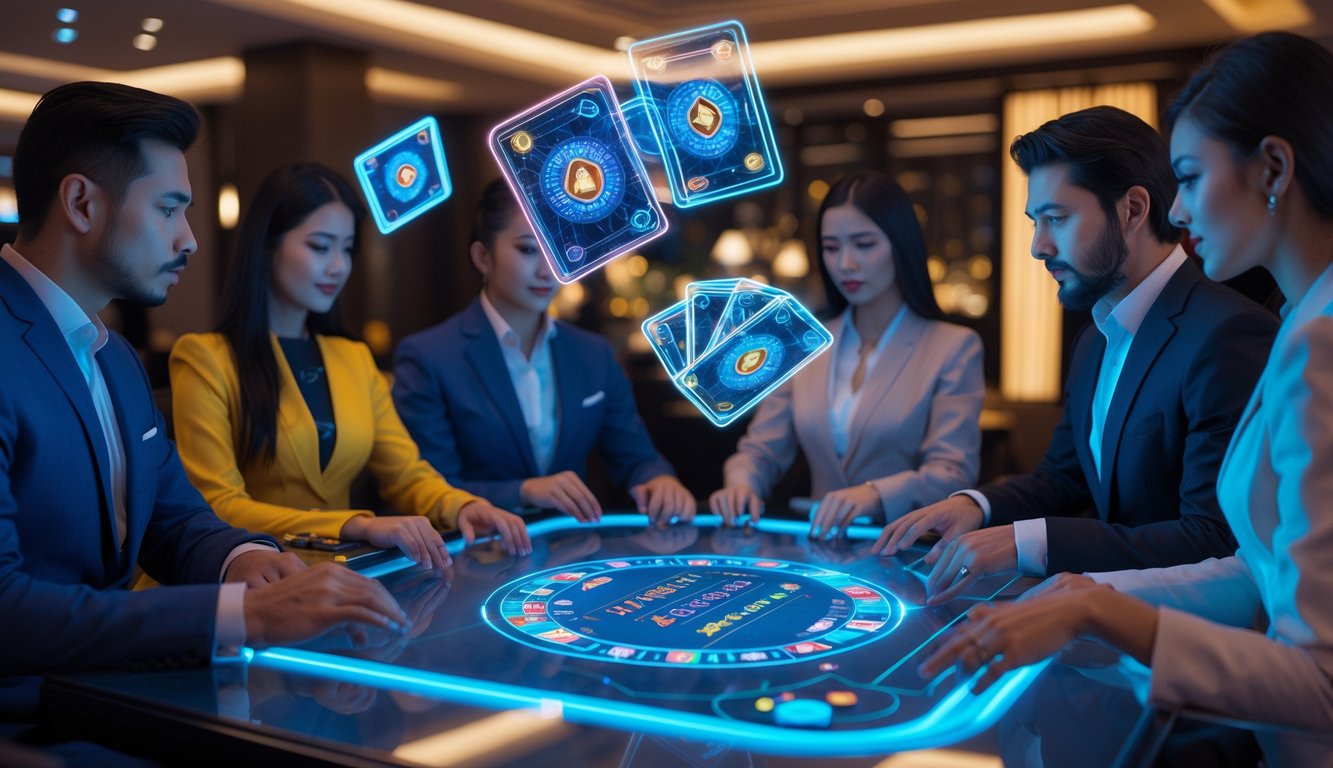 Beberapa pemain berpakaian rapi sedang bermain baccarat online dengan antarmuka digital futuristik di sebuah meja transparan di ruang santai modern.
