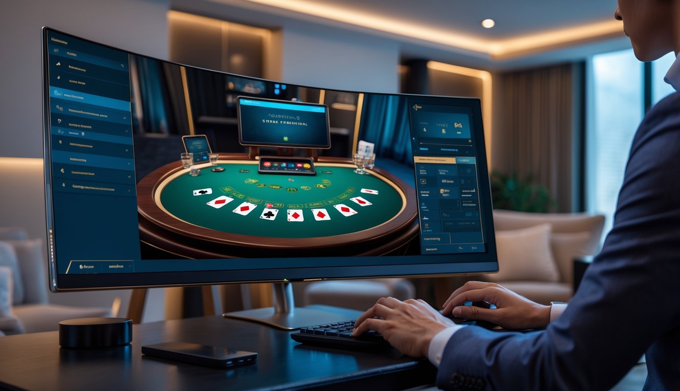 Seseorang bermain permainan baccarat online di komputer dengan latar ruangan modern dan pencahayaan hangat.