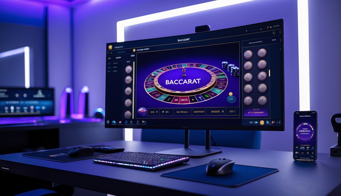 Sebuah ruangan modern dengan komputer menampilkan permainan baccarat online yang realistis dan peralatan gaming di sekitarnya.