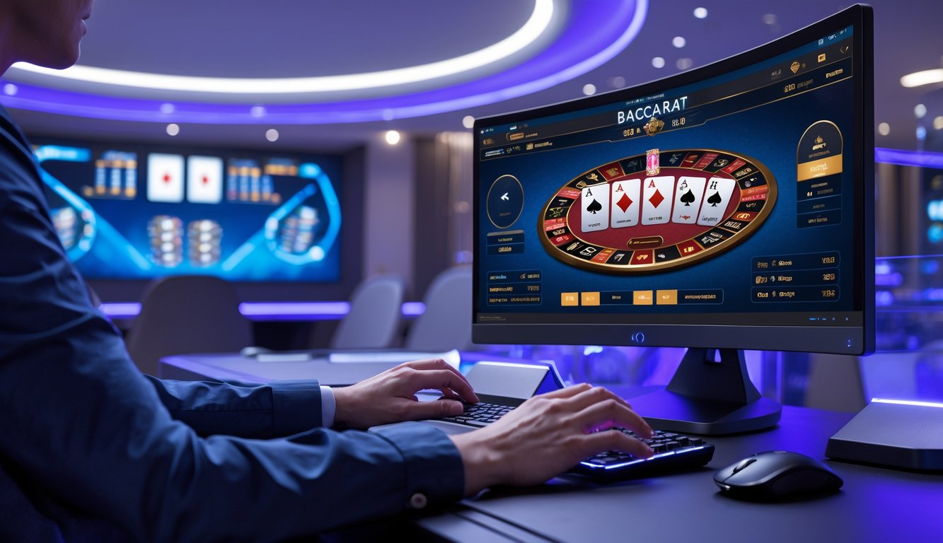 Seorang pemain sedang menggunakan komputer untuk bermain baccarat online dengan tampilan layar permainan dan suasana modern di sekitarnya.