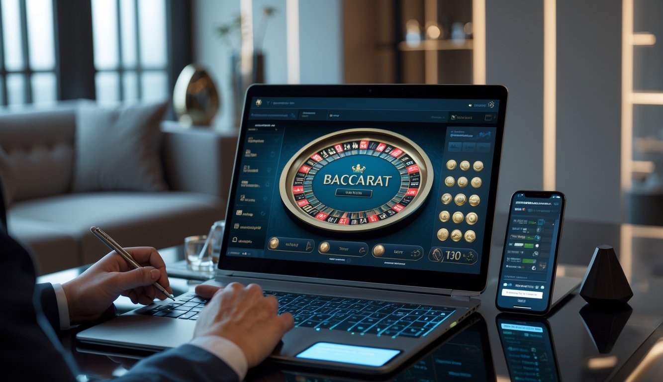 Seseorang sedang serius bermain dan menganalisis permainan baccarat online di depan komputer di ruang kerja yang modern.