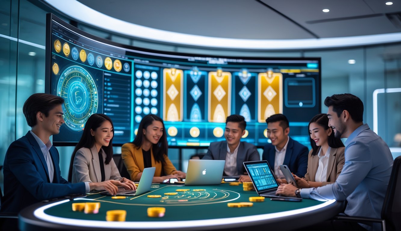 Sekelompok orang muda bermain baccarat online dengan perangkat modern di meja permainan di ruang kantor yang bersih dan terang.