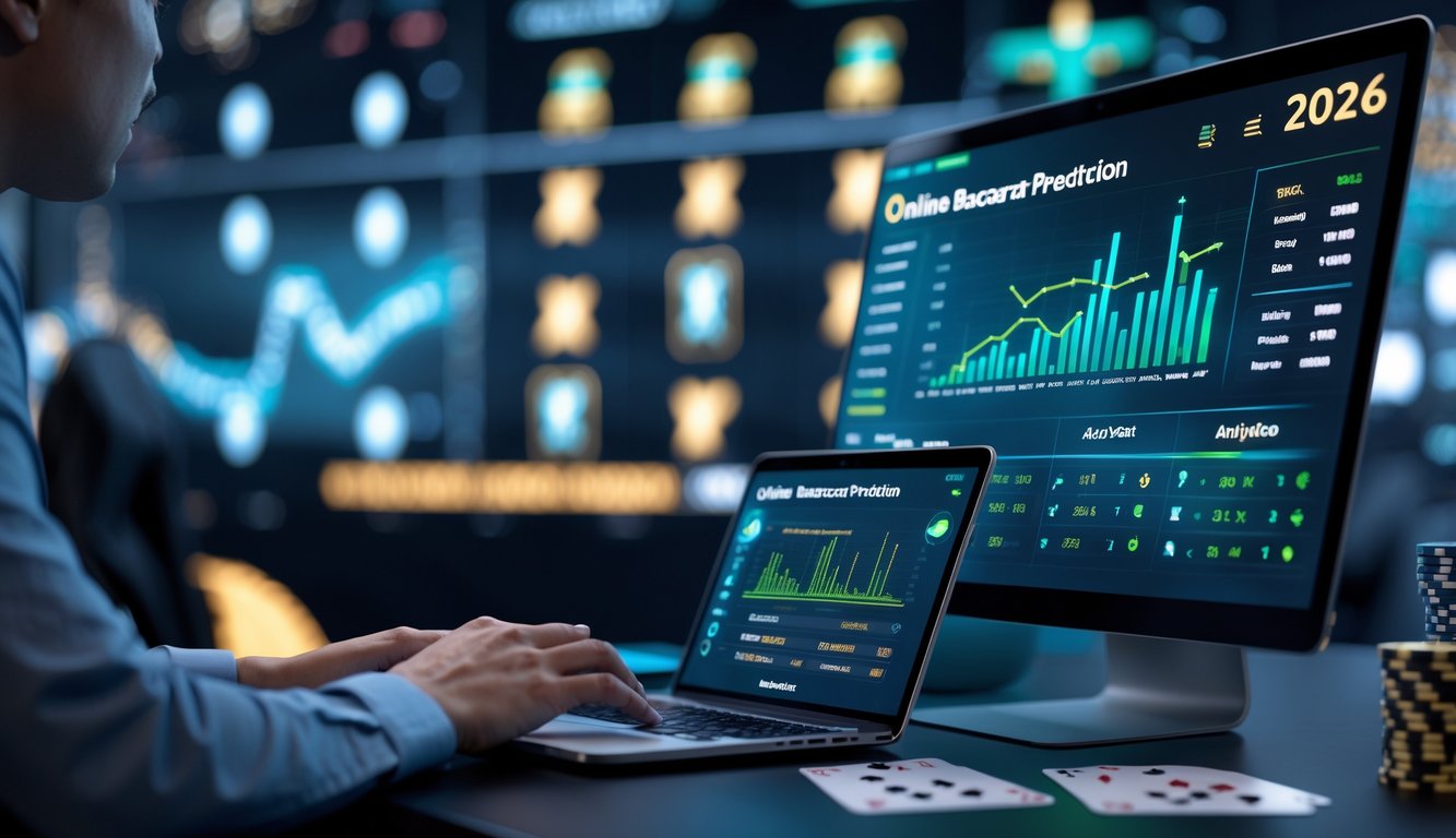 Seorang profesional sedang menganalisis data prediksi baccarat online di sebuah ruang kerja modern dengan layar komputer yang menampilkan grafik dan simbol kartu.
