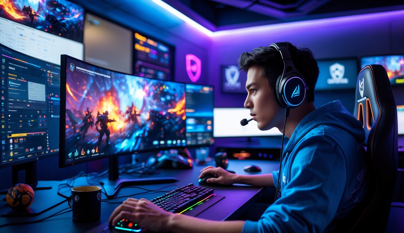 Seorang pemain esports muda sedang bermain game di ruang gaming modern dengan monitor besar dan pencahayaan LED biru dan ungu.